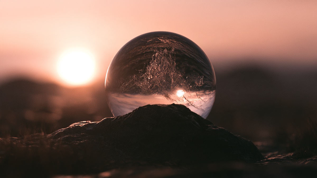 Glaskugel auf einem Felsen im Licht der aufgehenden Sonne - Sinnbild für den eigenen Seelenplan